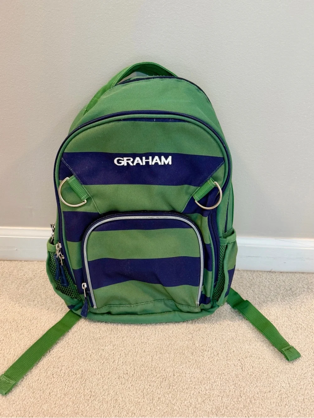 Pottery Barn Kids Green and Navy Striped Personalized Backpack